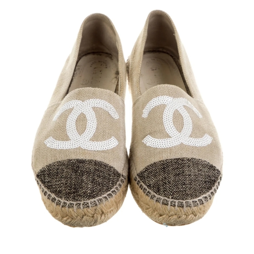 Chanel Beige and Black Espadrille Flats